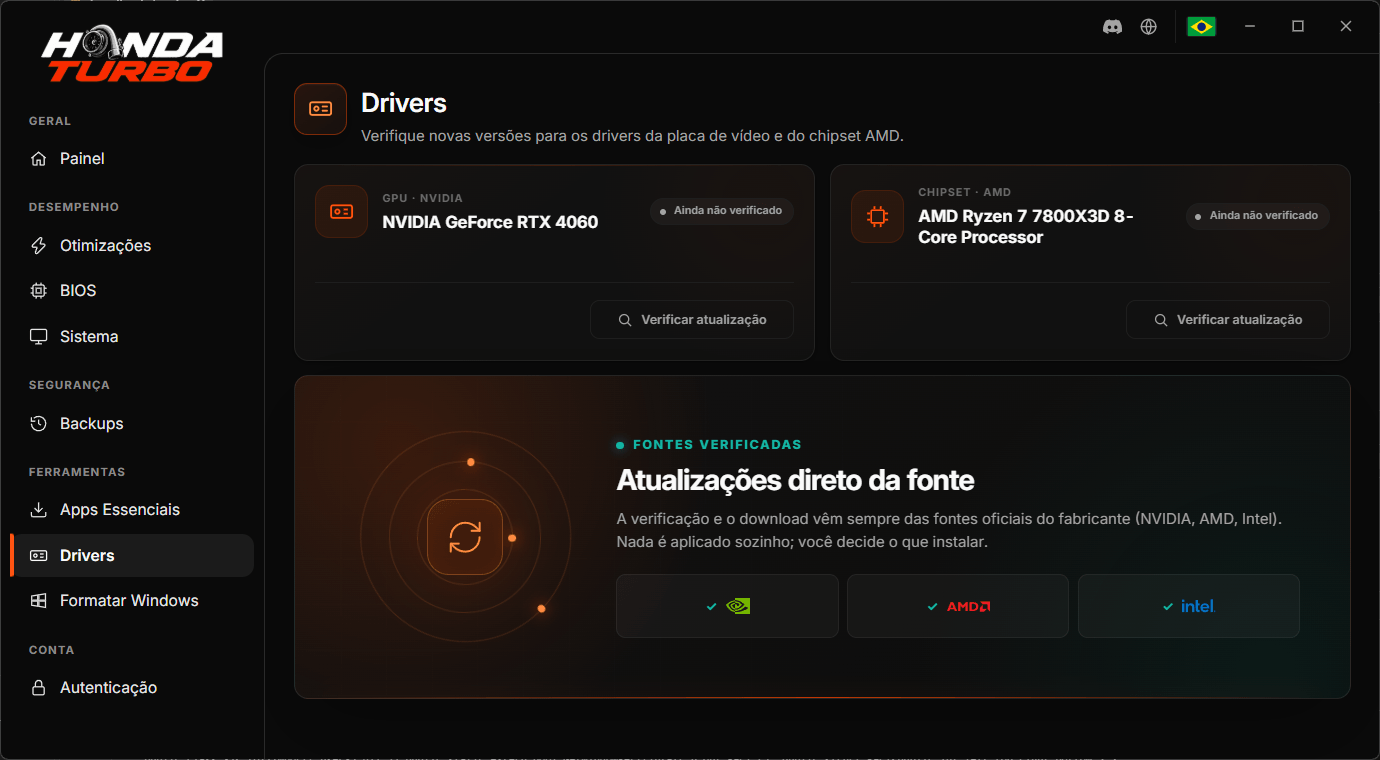 Verificação de drivers de vídeo e chipset no Honda Turbo