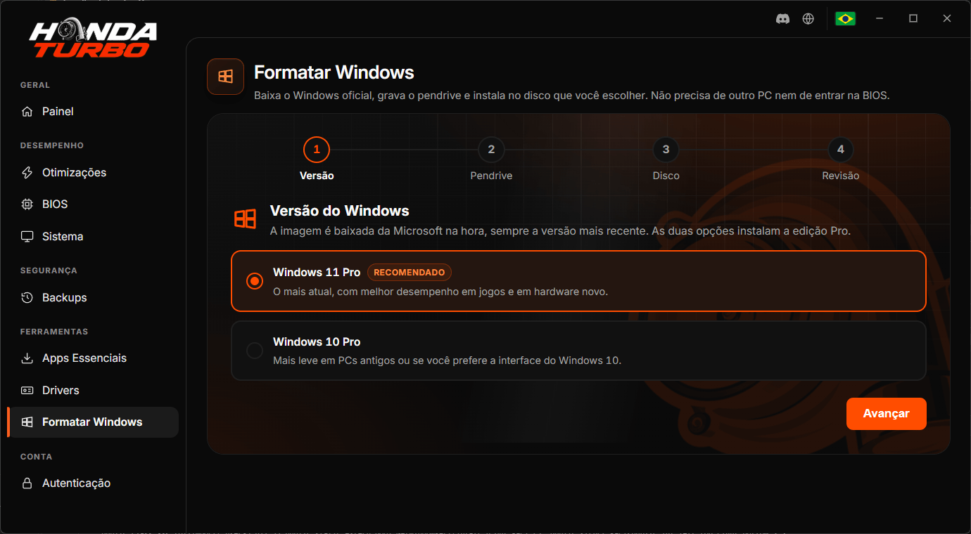 Assistente de formatação do Windows no Honda Turbo, escolhendo a versão a instalar