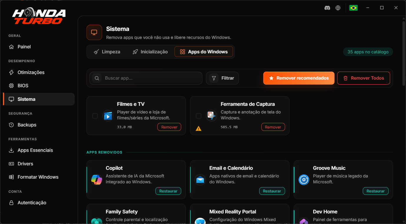 Gerenciamento de aplicativos do Windows no Honda Turbo