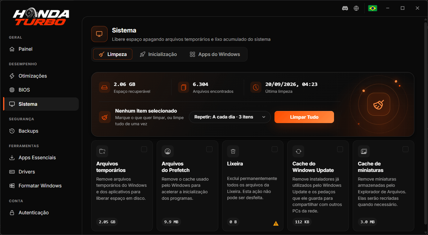 Limpeza do sistema do Honda Turbo com seleção dos arquivos a remover